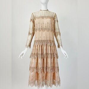 Rina diMontella Beige Lace Long Sleeve Dress